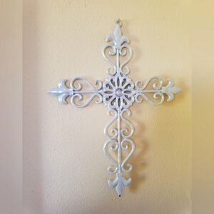 Elegant White Pearl Sheen All Metal Wall Hanging Cross Decor Fleur De Lis